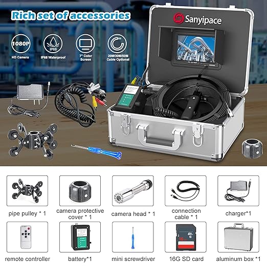 Sanyipace Drain Camera, Sapphire Lens, Remote Control, 5X Zoom in, 1080P FHD, Battery Level Display, 12 Adjustable LEDs, Plumbing Snake, Waterproof Pipe Inspection Camera, 16GB TF Card, 65FT/20M