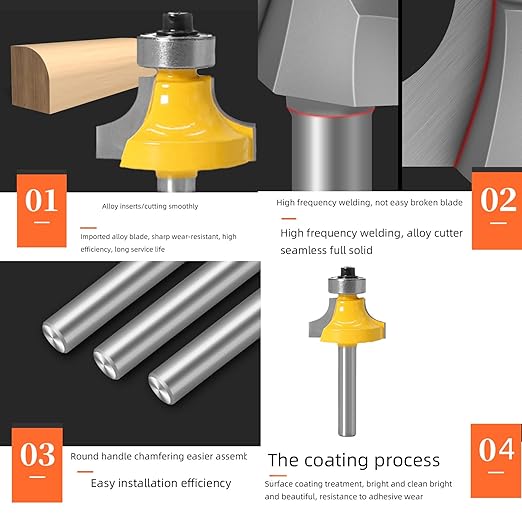 1/4Shank 4pcs Corner Rounding Bit Set(5/16" 3/16" 1/4" 1/8" Radius 4Pcs) Corner Rounding Edge-Forming Roundover