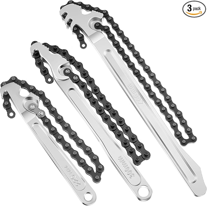 Lasnten 3 Pcs Large Reversible Chain Oil Filter Wrench with 12 16 9 Inch Chain Wrench Adjustable Heavy Duty Carbon Steel Sturdy Pipe Fitting Tool Spanner for Ratcheting Universal(Silver)