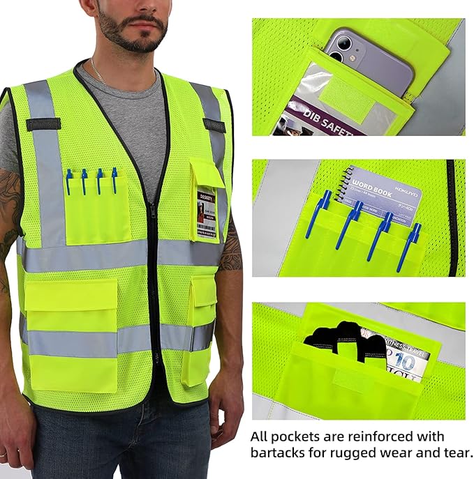 Dib Safety Reflective Vest Mesh, High Visibility Vest with Pockets and Zipper, Construction Work Vest ANSI Class 2, Yellow Mesh 3XL