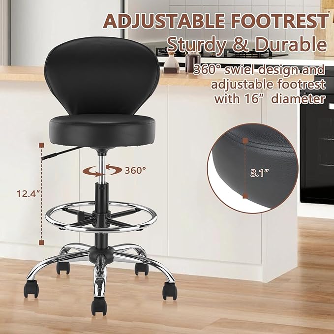 Black PVC Faux Leather Drafting Chair Set of 2 Rolling Swivel Salon Stool with Back Support Foot Rest Adjustable Hydraulic Seat Height for Massage Facial Spa Medical Drafting Tattoo Beauty