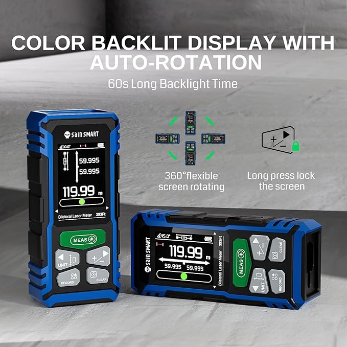 SainSmart Dual Laser Measuring Tool, 393Ft/120M Green Bilateral Distance Meter with Backlit LCD, Rechargeable, Multi-Unit (Ft/in/M), Electronic Level, Length/Area/Volume/Angle Sensor/PC Data Transfer