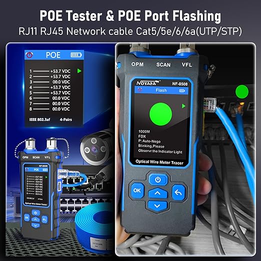 NOYAFA NF-8508 Network Cable Tester with Optical Power Meter VFL, RJ11 RJ45/PoE Tester/CAT5 CAT6/length Measurement, Telephone line Trace Meter with Headset, Network Tools