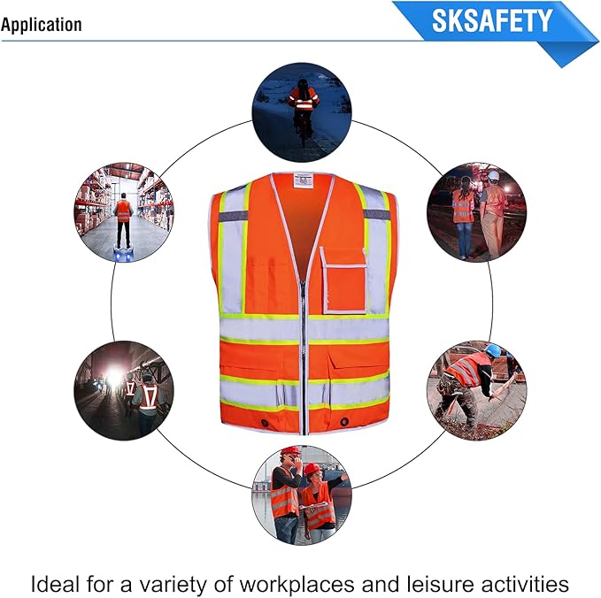 SKSAFETY 10 Pockets Safety Vest, Class 2 High Visibility Security with Zipper, Hi Vis Vest with Reflective Strips, ANSI/ISEA Standard, Construction Work Vest for Men ＆ Women （Orange, 4XL）