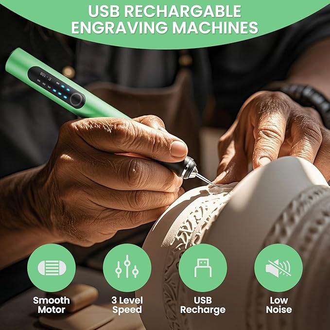 Electric Engraving Pen with 37 Bits, USB Rechargeable Cordless Etching Engraving Tool, Portable DIY Rotary Engraver for Jewelry Wood Glass Stone Carving (Green)