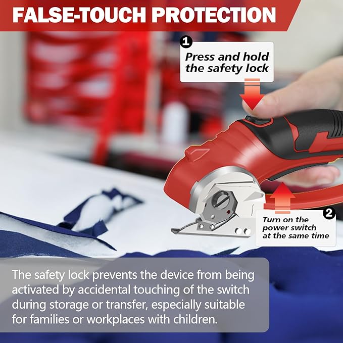 Cordless Electric Scissors, 4V Box Cutter & Cardboard Cutter with Upgrade Blade, LED Light, Safety Lock - Rechargeable Rotary Cutter for Fabric, Leather, Plastic, Crafting, Sewing, Industrial (Red)