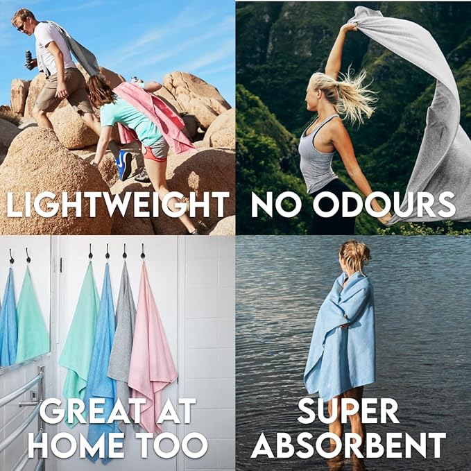 Dock & Bay Beach Towel - Quick Dry, Sand Free - Compact, Lightweight - 100% Recycled - Includes Bag - Essential - Mountain Grey - Large (160x90cm, 63x35)