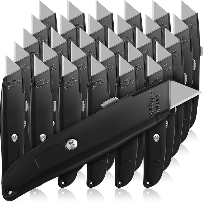 Reginary 30 Pcs Box Cutter Bulk Retractable Blade Utility Knife Heavy Duty Aluminum Alloy Razor Shell Knife for Cartons, Cardboard and Boxes, DIY, Factory, Home(Black)