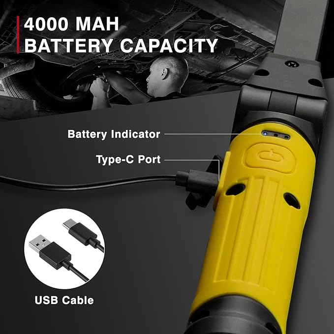 Mechanic Light,1000 Lumens Rechargeable LED Work Light with Magnetic Base, 120° Rotate 3 Modes, 4000mAh Magnetic Flashlight for Car Repair, Camping, and Emergency (2 Pack)