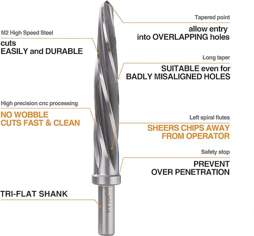 1/2" Bridge/Construction Reamer, M2 HSS Taper Chucking Reamer Drill Bit for Steel Alloy Aluminum Metal Wood Plastic, 1/2” Shank Chuck, Spiral Flutes, to Enlarge/Align Holes, 12mm