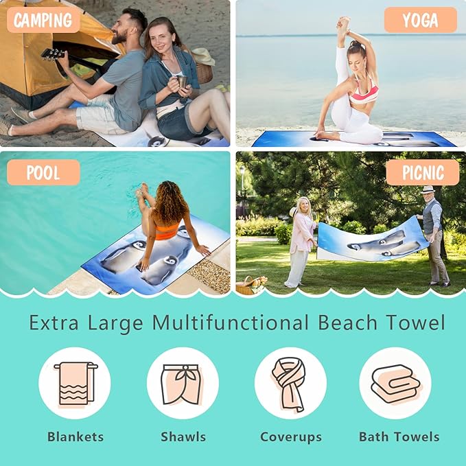 Penguin Family Beach Towel Oversized 36" x 72", Thin Lightweight Sand Free Quick Dry Microfiber Towel for Swimming Pool Cruise Camping Travel