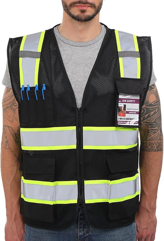 Dib Safety Reflective Mesh Vest High Visibility Two Tone with Pockets and Zipper, Black Mesh with Yellow Trim M
