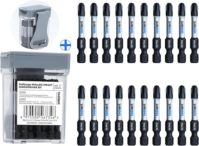 toolant 2 Inch Phillips Bit#3 Magnetic Anti Slip Impact Screwdriver Bits Set,20pcs Insert S2 Steel PH3 Driver Dit Set with CNC Machined Tips for Power Drill