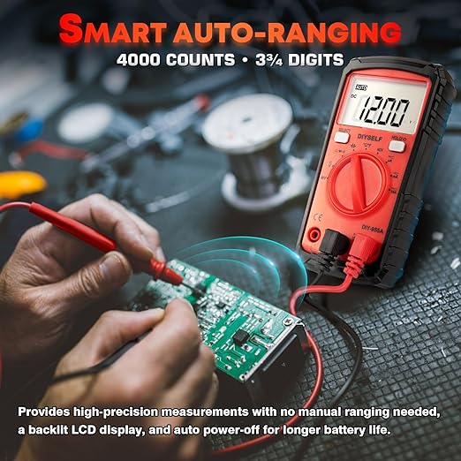 DIYSELF Digital Multimeter Tester 4000 Counts, Auto-Ranging Non-Contact Volt Meter for DC/AC Voltage, Capacitance, Resistance, Continuity, Multi Meter Electrical Tester with Test Leads