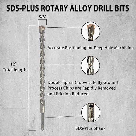 Direko SDS Plus Rotary Hammer Drill Bits 5-Piece Carbide-Tipped for Masonry，Concrete,Brick Granite etc (HD-A5/8 x12-5)