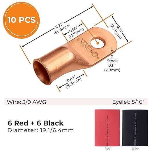 SELTERM 10pcs - 3/0 Awg - 5/16" Stud - Battery Lugs - Ring Terminal Connectors | with 12pcs 3:1 Black & Red Heat Shrink Tubing with Adhesive | Heavy Duty Battery Cable Ends - Bare Copper Wire Lugs Kit