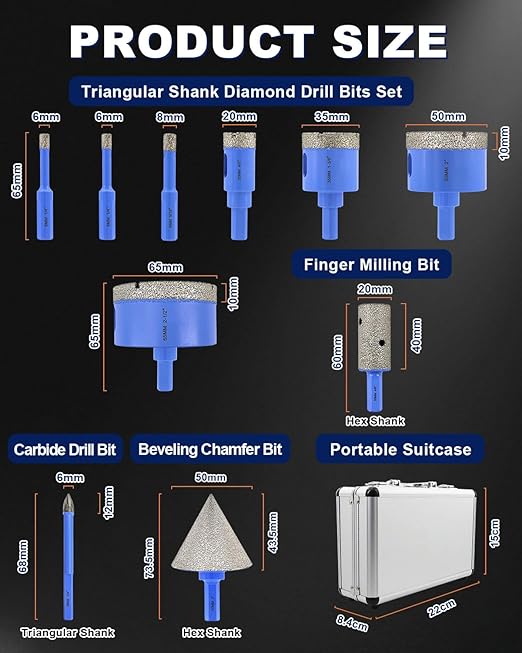 Diamond Tile Hole Saw Kit - 10Pcs 1/4'' X 2, 5/16'', 4/5'', 1-3/8'', 2'', 2-1/2'' Drill Bits, 1/4'' Carbide Drill Bit, 4/5'' Finger Bit, 2'' Beveling Chamfer Bit for Porcelain Tile Ceramic Granite