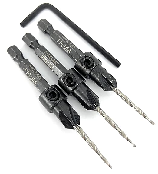 FTG USA Adjustable Wood Countersink Drill Bit Set 3 Pc #4 (7/64"") with Tapered Drill Bits for Woodworking