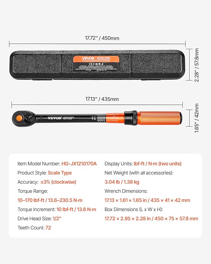 VEVOR 1/2-inch Drive Torque Wrench, 10-170 ft.lb/13.6-230.5 Nm, Dual-Direction Adjustable 72 tooth Click Torque Wrench with Buckle for Bicycle, Moto and Car Maintenance