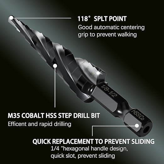 M35 Cobalt Step Drill Bit - 1/8" to 1/2" (13 Sizes) - Unibit Four Spiral Flute - 1/4" Hex Shank - Metal Drilling Bit: High Strength, Durability, Efficient