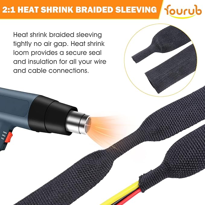 50% Ratio Heat Shrink Automotive Wire Loom Shrinkable Braided Sleeving Fabric Shrink Tubing Wear-Resistant Woven Wire Sheathing(1/2"-18ft)