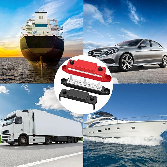 250A Power Distribution Block, 12V Bus Bar Marine 5/16" Stud, Busbars 12 Volt DC Battery Buss Bar, Automotive Busbar Terminal Block with Cover for Car and Boat (Black+Red)