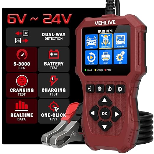 Car Battery Tester 6V 12V 24V, 5-3000CCA Automotive 12V and 24V Dual Circuit Testing, Load/Alternator Tester, Digital Auto Battery Analyzer Charging Cranking System Tester for All Cars Motorcycle Boat