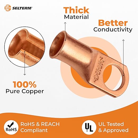 SELTERM 15pcs 1/0 AWG 1/2" Stud - UL Heavy Duty Battery Terminal Connectors, Bare Copper Battery Cable Lugs, 0 Gauge Wire Connectors, Electrical Battery Cable Ends, Ring Terminals Copper Lugs