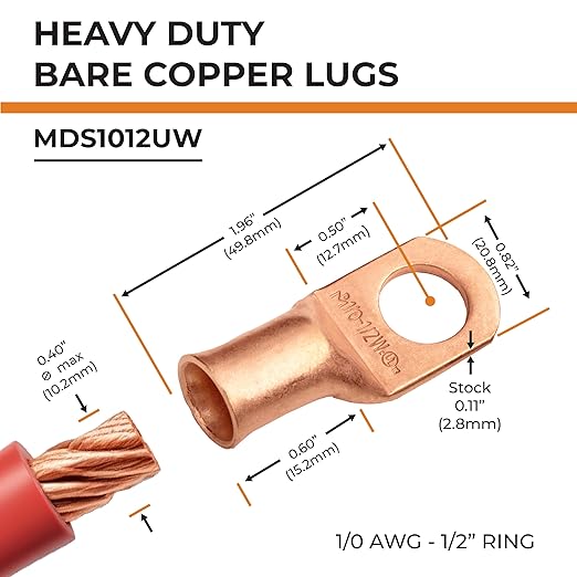 SELTERM 2pcs 1/0 AWG 1/2" Stud (Wide Pad) Copper Wire Lugs, Battery Lugs, Ring Terminals, Battery Cable Ends, 0 Gauge Ring Terminal Connectors, UL Heavy Duty Bare Copper Eyelets Battery Cable Lugs
