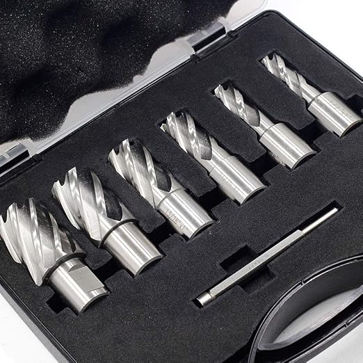 OSCARBIDE Annular Cutter Set 7 Pieces 3/4" Weldon Shank 1"Cutting Depth,1/2 to 1-1/16 inch Diameter,2 Flats Annular Cutters HSS Mag Drill Bits Kit for Magnetic Drill Press with 1 Pieces Pilot Pin