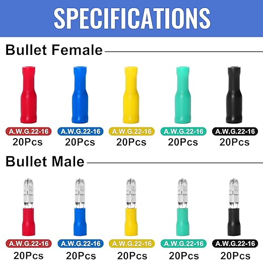 Qibaok Bullet Terminals Wire Connectors Female & Male Bullet Butt Insulated Waterproof Electrical Connector Kit 200 PCS