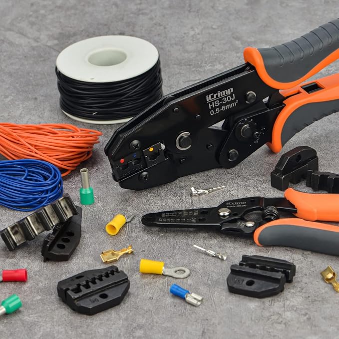 iCrimp Ratchet Wire Crimping Tool Set, 5 Interchangeable Jaws for Heat Shrink,Insulated Nylon,Non-Insulated Terminals AWG20-2, Wire Stripper included