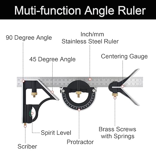 ChgImposs 12" Adjustable Sliding Combination Square Ruler & Protractor Level Measure Measuring Set, Inch/Metric