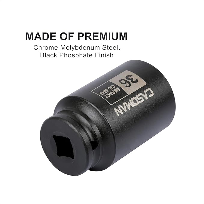 CASOMAN 1/2" Drive x 36 mm Deep 6 PT Impact Socket, CR-MO, 1/2-inch Drive 6 Point Axle Nut Socket for Easy Removal of Axle Shaft Nuts (36MM)