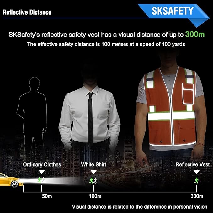 SKSAFETY 10 Pockets Safety Vest, Class 2 High Visibility Security with Zipper Double-sided mesh, Hi Vis Vest with Reflective Strips, ANSI/ISEA Standard, Construction Work Vest （Orange, L）