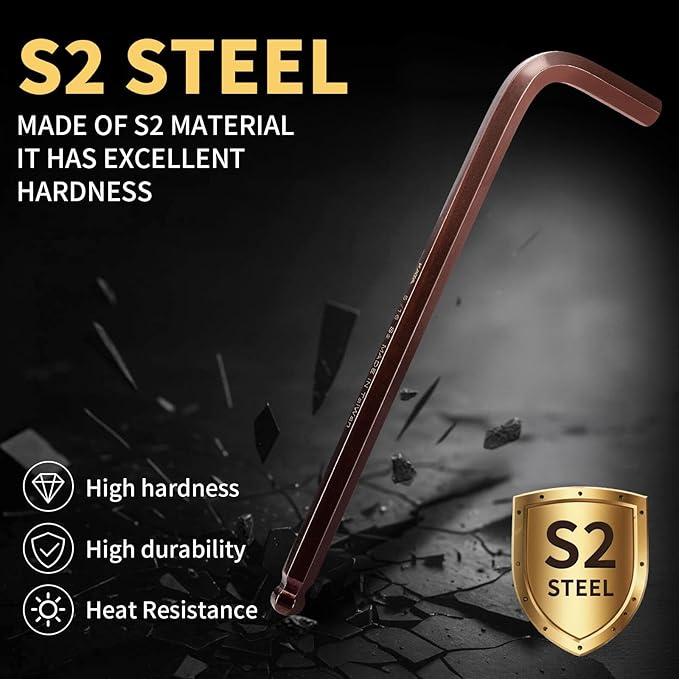 SAE Hex Key Set Ball End Long Arm S2 – 9PCS SAE Allen Wrenches, S2 Alloy Steel, 1/16–3/8 Inch, 6.7in, Bronze Finish, for US Standard Screws, Furniture, Bike Repairs