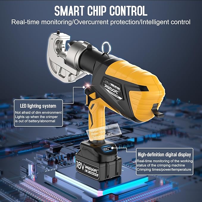 SWANSOFT Electric Hydraulic Cable Lug Crimping Tool, 12Ton 6AWG-800MCM Rechargeable Hydraulic Crimper for Cu/Al Terminal, Continuously Crimp Wire Crimping Tool Kit with 12 Dies,Yellow(HCT-400A)