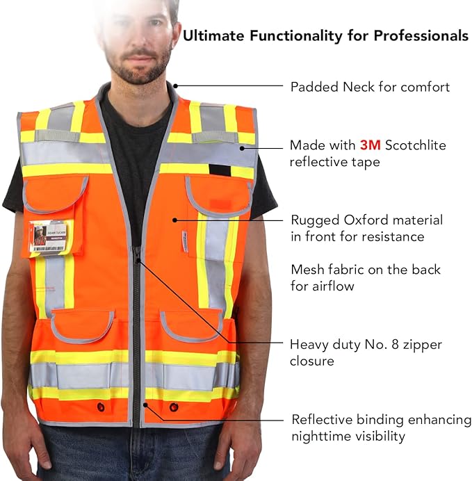Dib Safety Reflective Vest Heavy Duty, High Visibility Two Tone Engineer Vest, Made with 3M Tape, Padded Collar, Retractable ID Pocket, Orange L