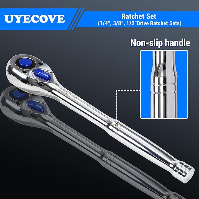 3-Piece Ratchet Set - 1/4, 3/8, 1/2 Inch Drive Socket Wrench Set - 72-Tooth Reversible Colorful Ratchet With IXPE Storage Tray
