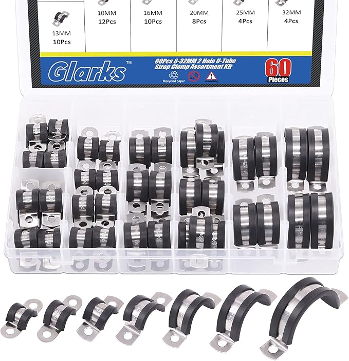Glarks 60Pcs 8-32MM 2 Hole U-Tube Strap Clamp Set - 304 Stainless Steel With Rubber Cushion for Rigid Pipe Fixing - U Bracket Assortment Kit (8-32mm)