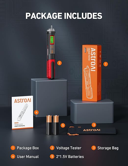 AstroAI VTS1000H Voltage Tester with Screwdriver, Non-Contact Electrical Tester, Dual Range AC 12V/70V-1000V, Live Wire Test, Wire Breakpoint Finder, Audible Alarm, LCD Percentage Display, Red