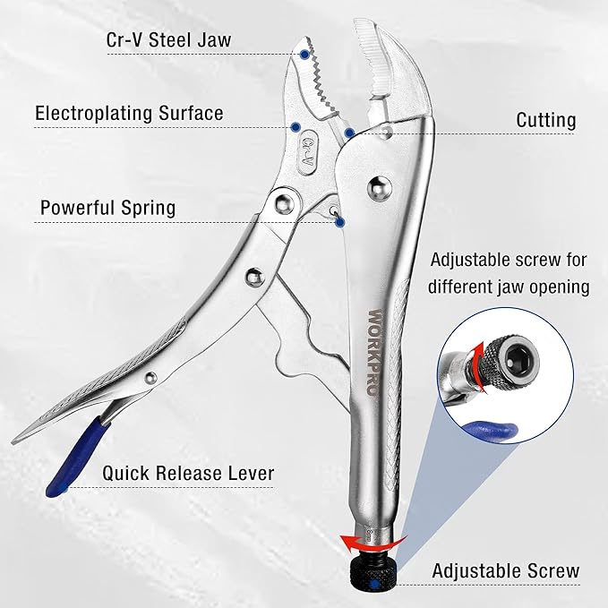 WORKPRO 5-Piece Pliers Set - 6", "7-', 10' Curved Jaw Pliers, Fast Release with 3pc Hex Keys