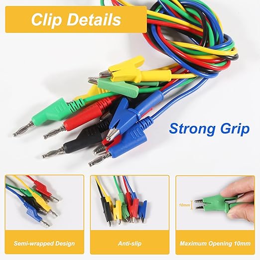 5PCS Multimeter Banana Plug to Crocodile Alligator Clip, 4mm Stackable Colorful Silicone Banana Plug to Alligator Clip, Soft Flexible Electrical Test Probe Lead Wire Cables 1M