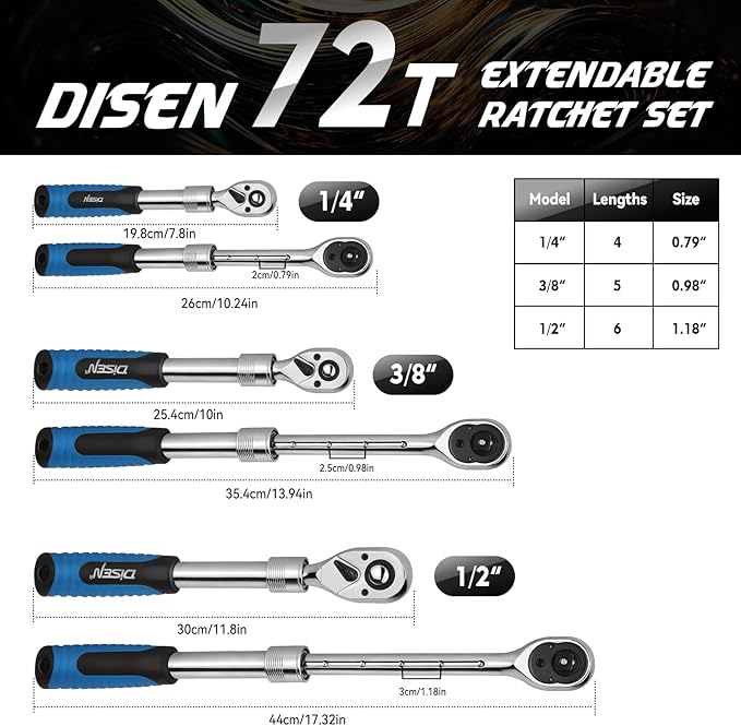 DISEN 3PCS Extendable Ratchet Wrench Set,1/4" 3/8" 1/2" Drive 72-Tooth, Quick-Release, Reversible Drive Socket Wrenches,Soft Grip Handle with Storage Tray