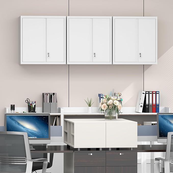GREATMEET 27.95" H Metal Garage Storage Cabinets, Locking Storage Cabinet, Wall Mount Cabinet for Kitchen, Dining Room, White