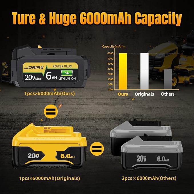 2 Pack 100% True 6.0Ah Capacity Lithium Ion Replacement Battery for Dewalt 20V Max Battery, High Power Cell for DCB200 DCB201 DCB203 DCB204 DCB207 DCB181 DCB180 DCD/DCF/DCG Series Tools