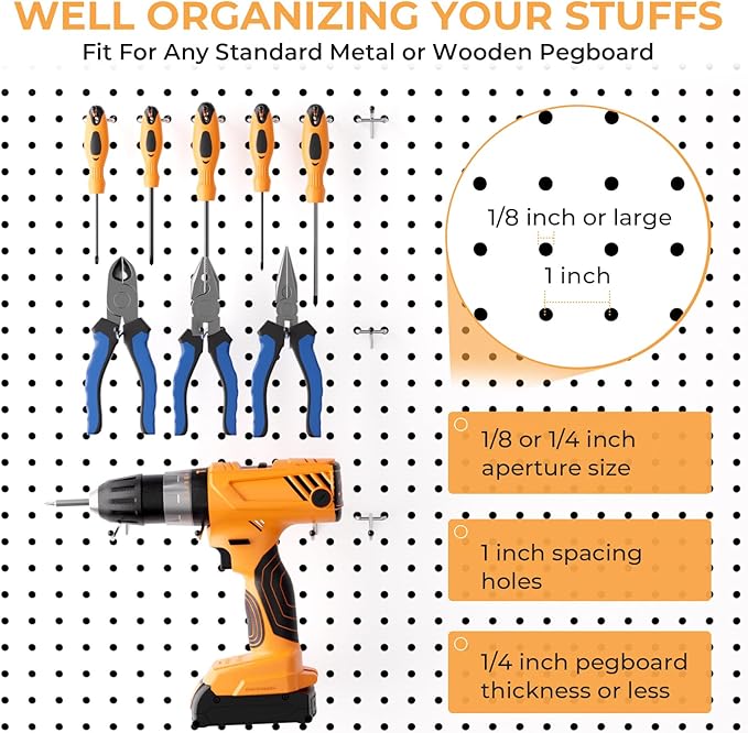 INCLY 50 Pack Pegboard Hooks, 2 Inch Metal Peg Board Hooks Accessories, Peg Board Tool Hangers Fit for 1/8“ and 1/4" Pegboard Hanging Tools for Garage, Craft Room, Kitchen, Store