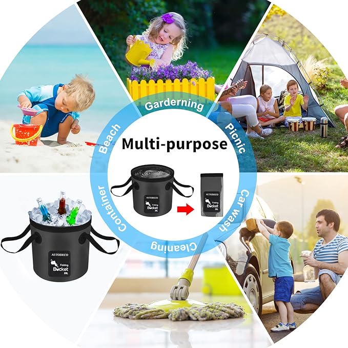 AUTODECO 2 Pack Collapsible Bucket 5 Gallon Container Folding Water Bucket Portable Wash Basin for Outdoor Travelling Camping Fishing Gardening Car Washing 20L