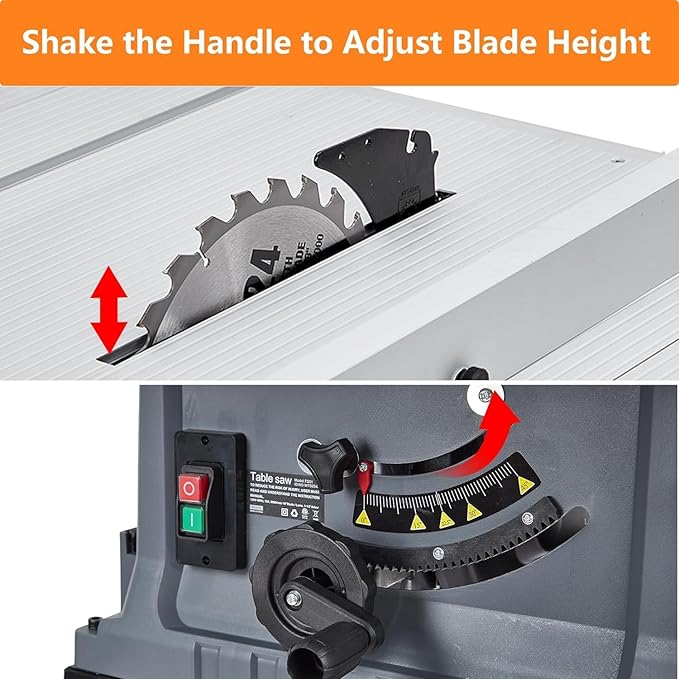 PioneerWorks 10 Inch Table Saw, 15A Multifunctional Saw With Stand & Push Stick, 90° Cross Cut & 0-45° Bevel Cut, 5000RPM, Adjustable Blade Height for Woodworking