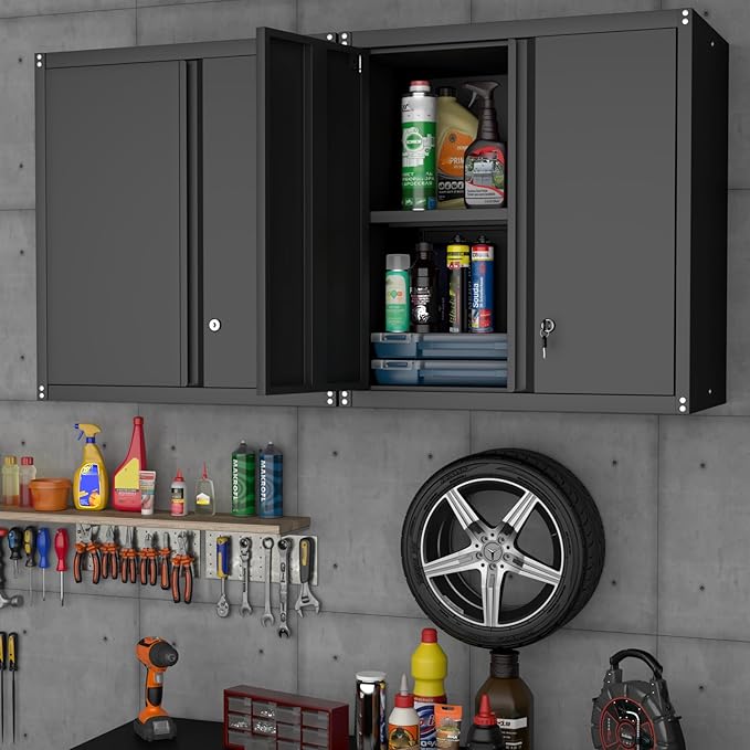 Metal Garage Wall Cabinet, Metal Wall Mounted Storage Cabinets with Lockable Doors and Adjustable Shelves, Floating Tool Cabinet for Garage, Home Office, Kitchen,Black